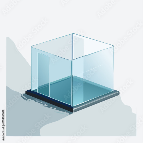 Transparent cube display case illustration on gray surface
