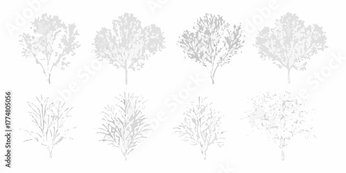Collection of eight stylized grayscale tree illustrations with varied branch structures and foliage density on a white background