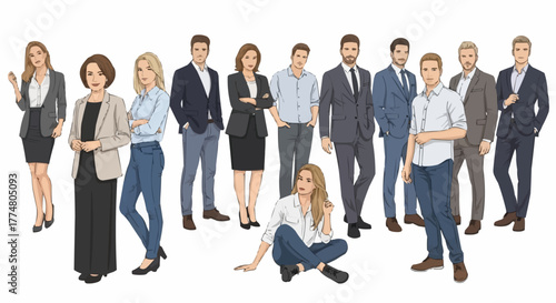 Diverse group of business professionals standing and sitting in various poses.