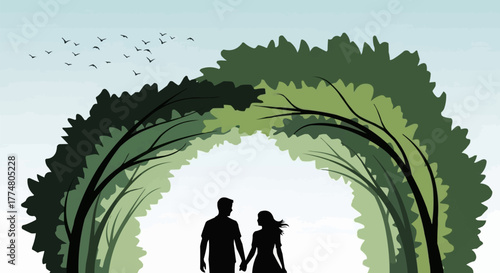 Silhouette of a romantic couple holding hands walking together.