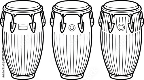 Three conga drums arranged in a row on a white background, presented as an illustration.