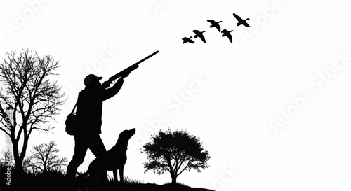 Hunter Aims at Ducks with Dog in Silhouette.