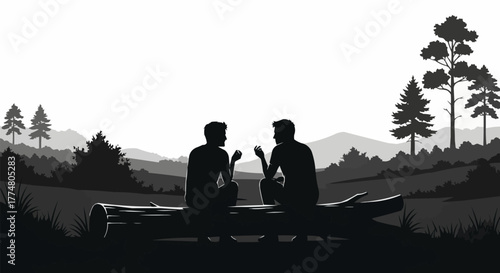 Two friends sitting on a log, engaged in conversation, enjoying natures tranquility.