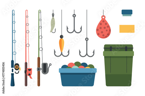 Fishing gear including rods, hooks, lures, and a tackle box are arranged on a white background.