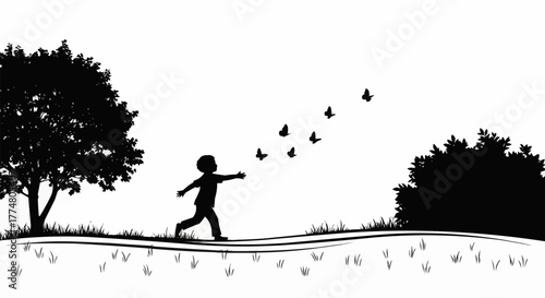 Child running chasing butterflies silhouette in nature happy.
