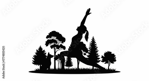 Silhouette of a woman practicing yoga in a warrior pose amidst trees.