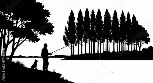 Silhouette of a Fisherman and Dog by a Lake.