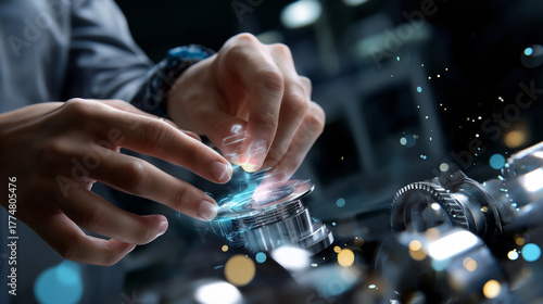 Anonymous student's hands interacting with defocused body and crystal clear holographic industrial parts visible, with copy space