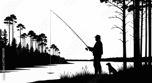 Silhouette of a fisherman casting his line with dog by his side.