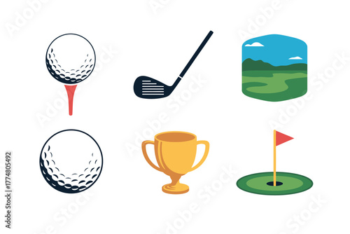 A collection of golf-related items including a ball, club, tee, trophy, and putting green.
