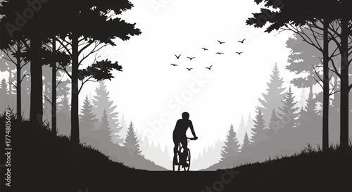 Silhouette of a lone cyclist riding through a serene forest path.