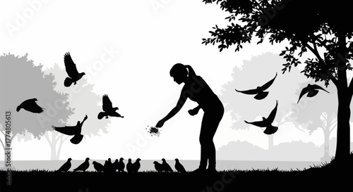 Silhouette of a woman feeding a flock of pigeons in a park.