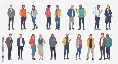 Diverse group of people standing and interacting in various poses.