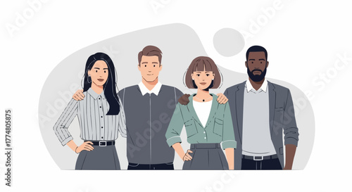 A diverse team of four business professionals standing together.