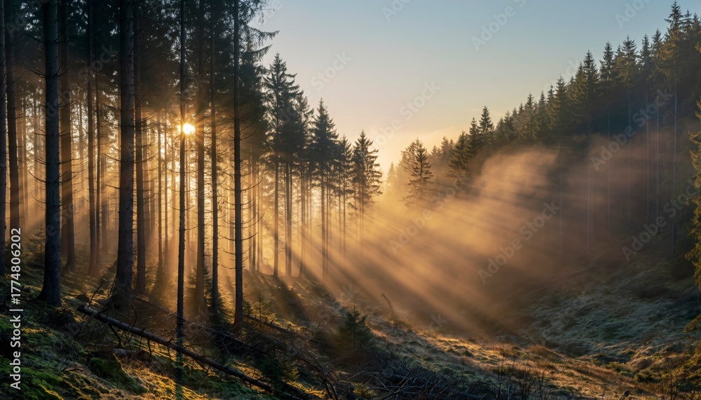 Fototapeta premium Morning sunlight shining through trees in misty forest