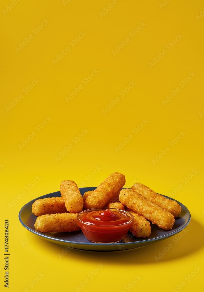 Fototapeta premium Crispy golden fried potato sticks served on a plate with dipping ketchup sauce, isolated against a bright, vibrant yellow background ,plate, color, overhead