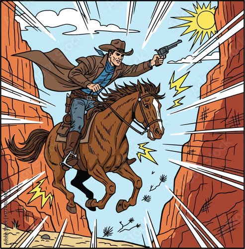 Dynamic comic book style illustration of a cowboy on horseback in a desert canyon firing a pistol