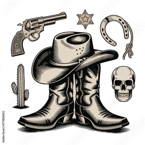 Vintage western cowboy outfit and accessories collection illustration