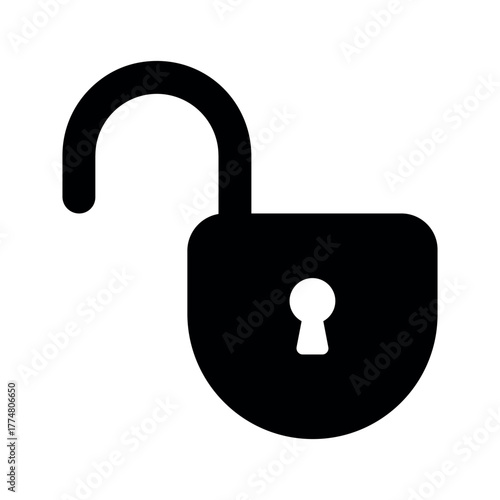 Black open padlock icon with keyhole for access control and authentication UI