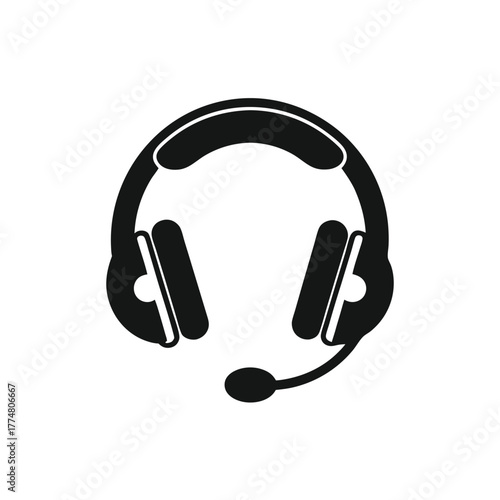 Isolated black headset icon displays a mic for communication in the image