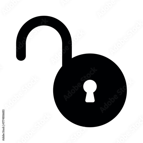 Black open padlock icon with keyhole for access control and security status