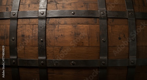 Highly textured surface of vintage wooden staves and iron bands from an old aging cask used for spirits, providing rustic copy space, distillery, aged, cellar