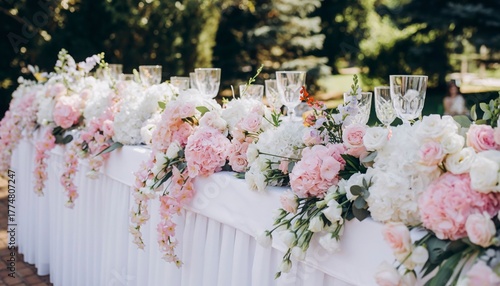 Outdoor wedding table decorated with pink and white flowers