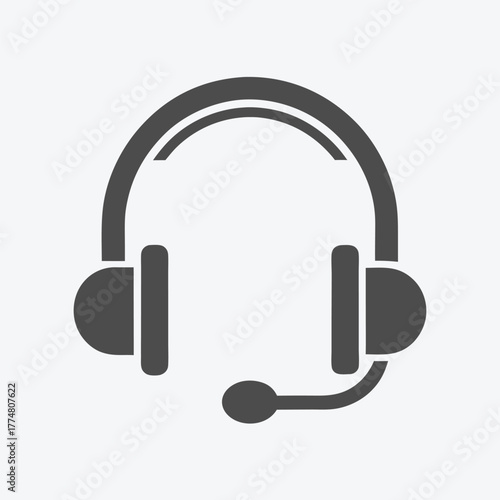 Isolated gray headset icon features a microphone and double headband for communication