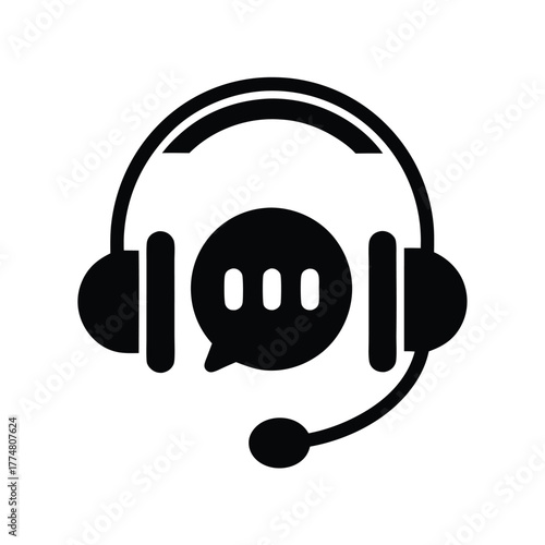 Black silhouette icon showcases a headphone set featuring a speech bubble and microphone