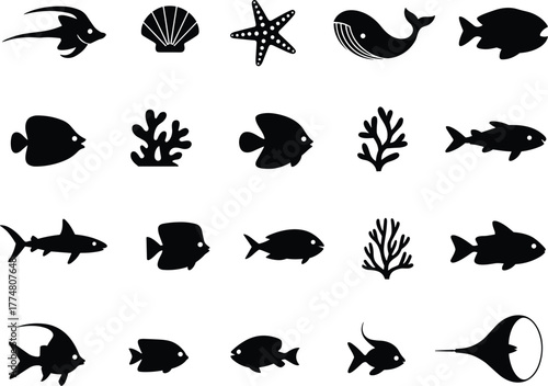Sea animal silhouettes collection, marine life icons, ocean fish, coral, whale, stingray, shell, starfish, underwater elements, black vector set, aquatic design assets
