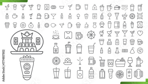 Collection of outline icons representing various drinks and barware items