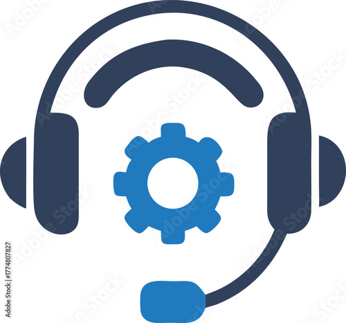 Dark blue gear icon is positioned within the dark blue headset symbol