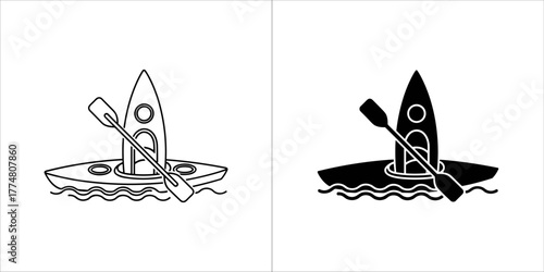 Kayaking icon in outline and solid silhouette