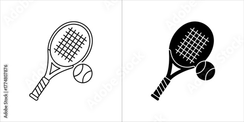 Tennis racket and ball icon in outline and solid silhouette