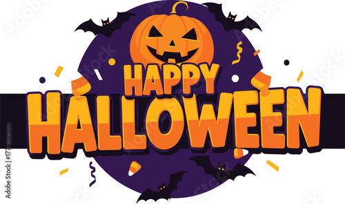 A vibrant Happy Halloween greeting with a smiling pumpkin, flying bats, and candy corn on a dark purple background, celebrating the spooky holiday.