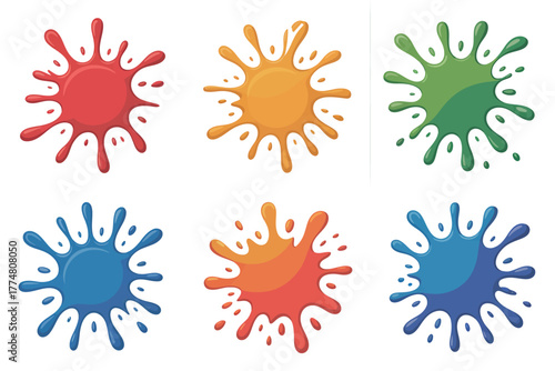 A collection of colorful paint splatters on a white background represents artistic expression.