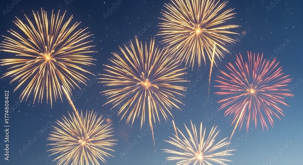 Naklejka premium Vibrant fireworks explode in a dark night sky creating a dazzling display of light