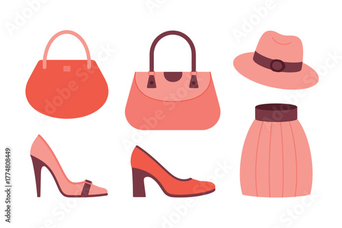 A collection of stylish women's accessories including handbags, shoes, a hat, and a skirt.