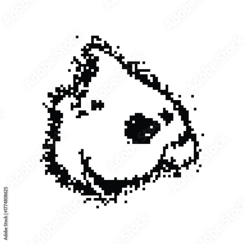 Pixelated black and white image of a cartoonish face with a smile and one eye larger than the other