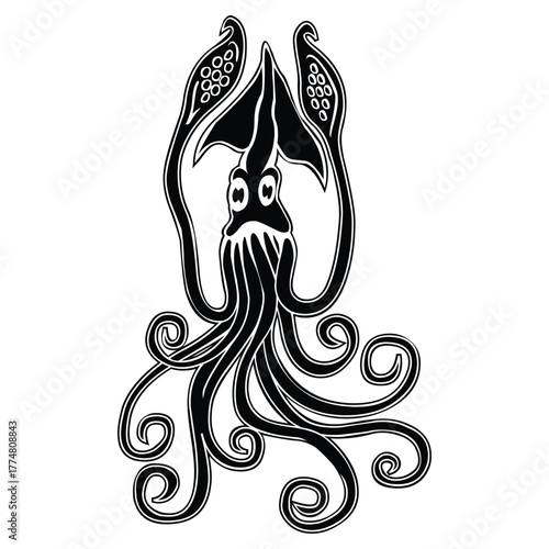 A black and white illustration of a squid with tentacles and bulbous appendages on a white background