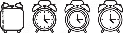 Four outline alarm clock icons symbolizing urgency and time management, displayed horizontally in a modern minimalist graphic design on a clean white background, representing scheduling and deadlines 