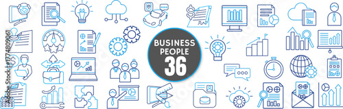 Business People Line Icon Set – Office, Teamwork, Communication, Leadership, Collaboration, Corporate, Success, Editable Stroke Transparent Background