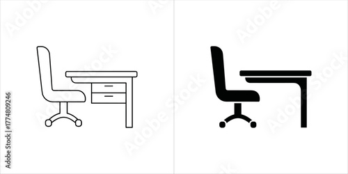 Desk and chair in outline and solid black
