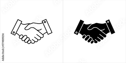 Two icons of a handshake, one outlined and one solid black, symbolizing agreement and partnership