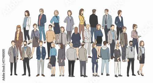 Group of diverse people standing together in various outfits, casual and formal.