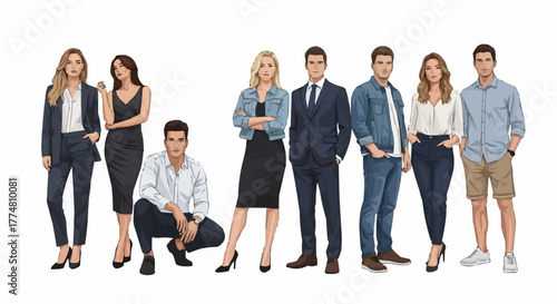 Diverse group of professionals standing and crouching in a studio setting.