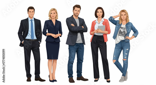 Diverse Group of Professionals Standing Together in Business and Casual Attire.