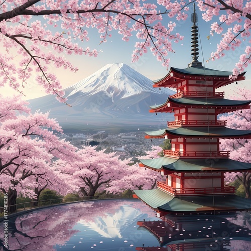 Iconic Mount Fuji and Pagoda Surrounded by Blooming Cherry Blossoms Reflecting in Water