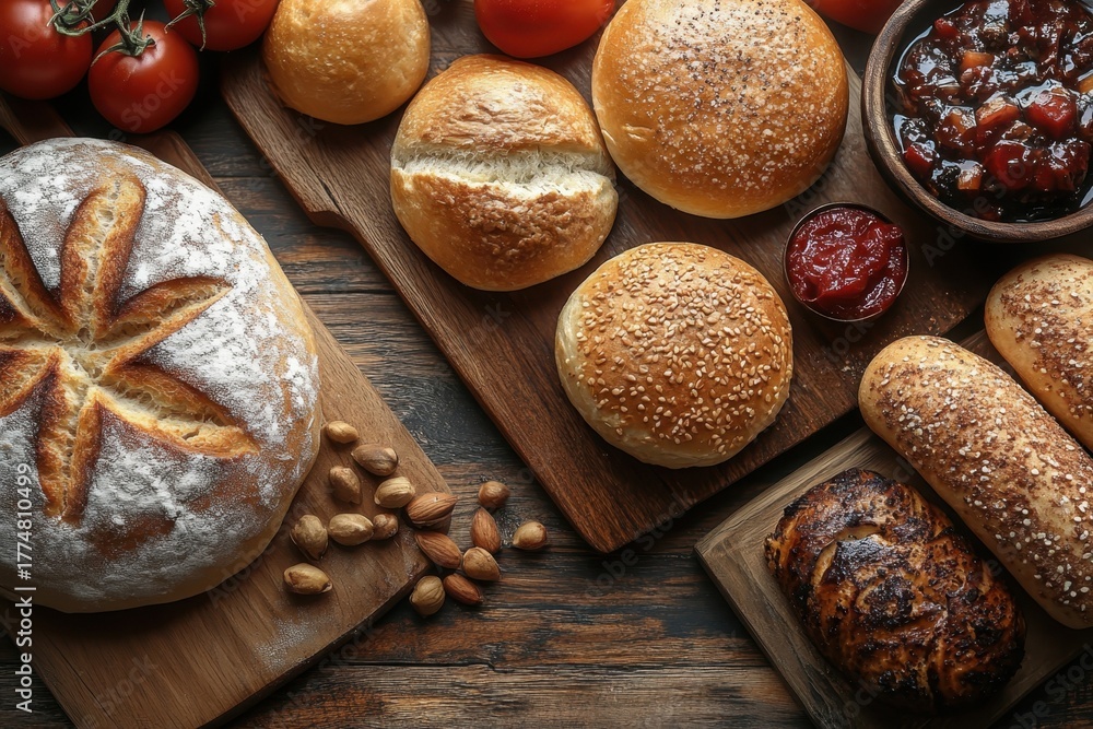 Fototapeta premium Freshly baked bread and assorted rolls displayed on wooden boards with tomatoes and condiments