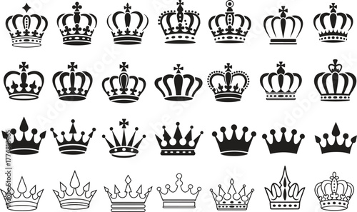 Crown set icons, collection different crown sign, silhouette crown symbol.Crowns for royalty and decoration design. Crown king mega icon set.